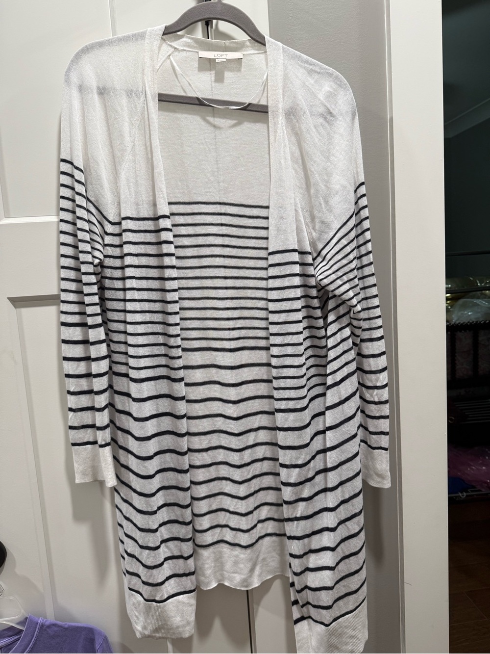 LOFT White and Navy Striped Open Cardigan